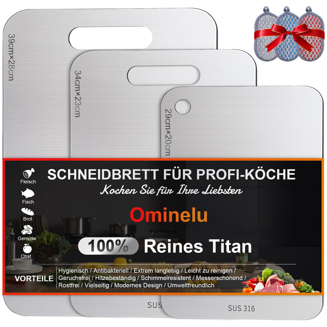 3 Stück Titan Schneidebrett Set, Upgrade S316 Schneidebrett Edelstahl mit Schwamm, Doppelseitiges L
