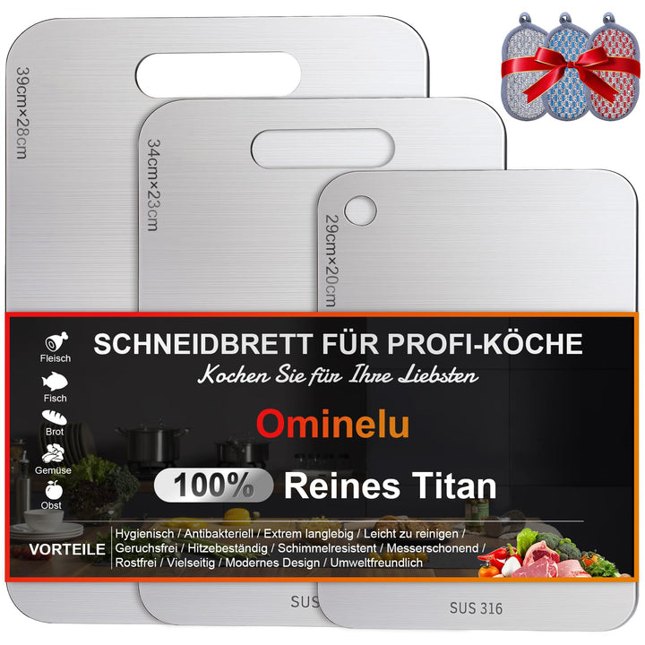 3 Stück Titan Schneidebrett Set, Upgrade S316 Schneidebrett Edelstahl mit Schwamm, Doppelseitiges L
