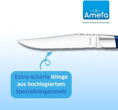 Amefa Lou Laguiole Steakmesser-Set 6-teilig | Griffe Blau | Mikro-Wellenschliff mit langanhaltender
