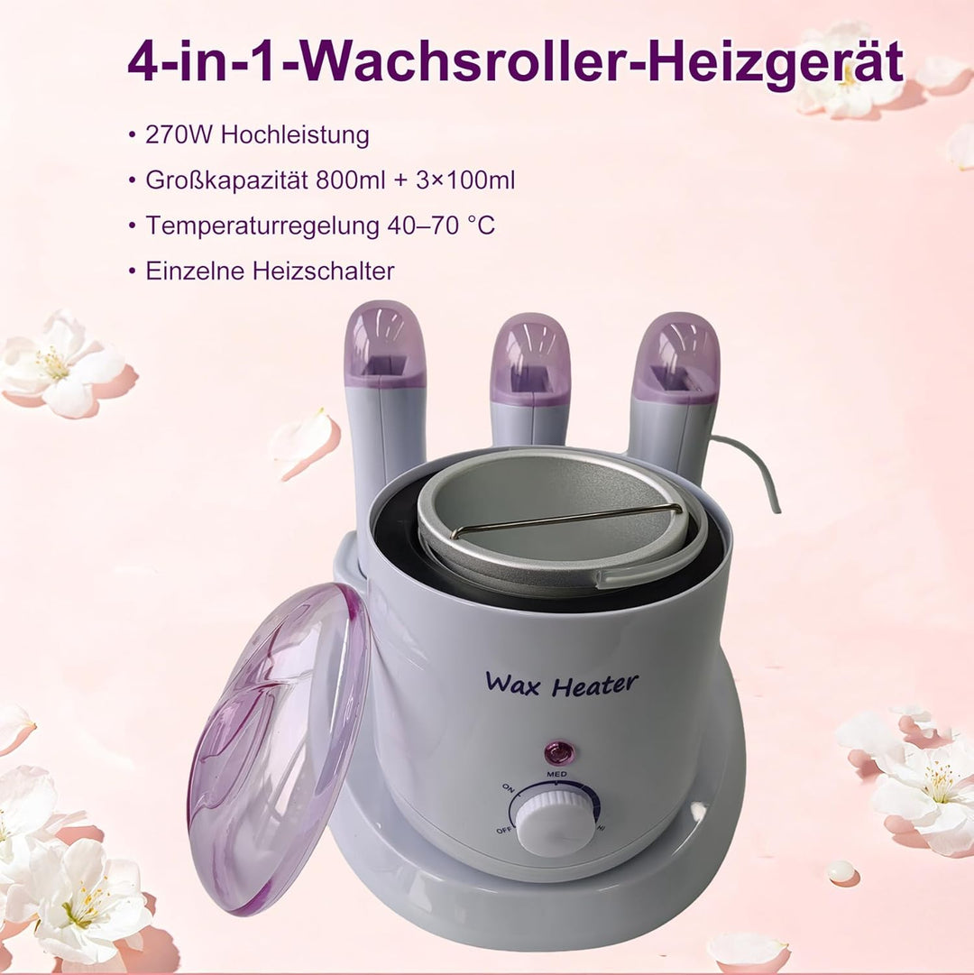 4 in1 Professioneller Wachswärmer, 800ml Wax Maschine + 3×100g Roll on Heisswachsgerät mit separaten