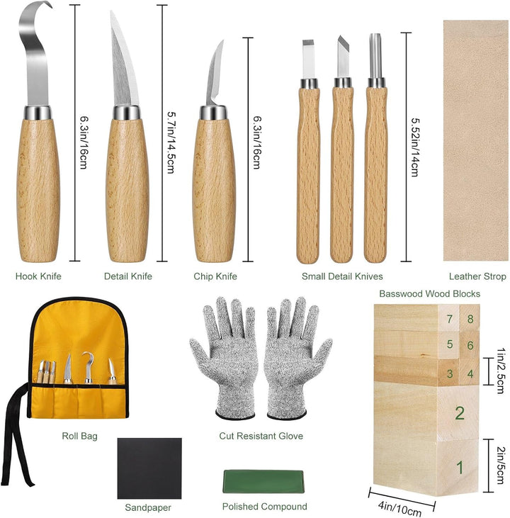 Holzschnitzwerkzeuge Set für Kinder & Anfänger – 19-in-1 Holzschnitzset mit 8 Lindenholz-Blöcken, 6