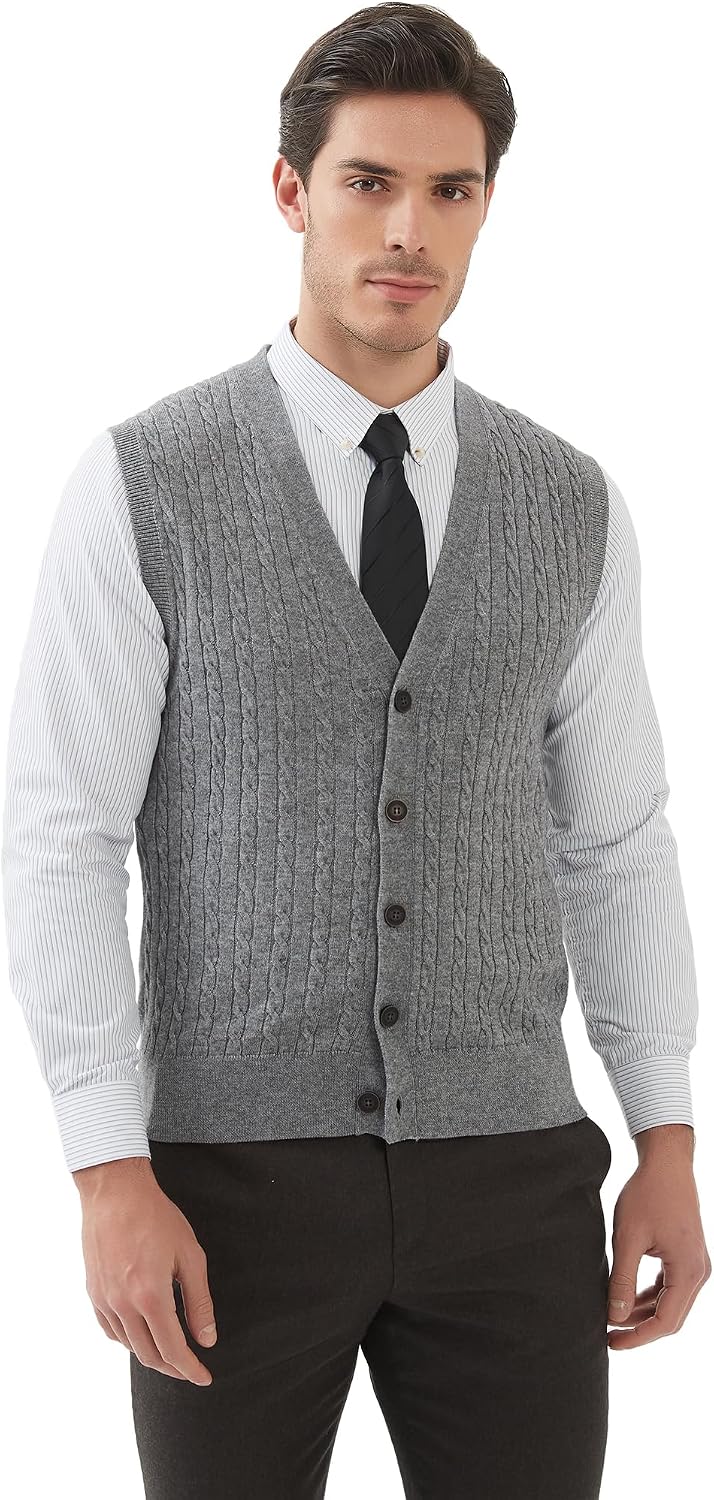 Kallspin Herren Strickweste Ärmellos Cardigan Wollmischung mit Zopfmuster und Knöpfen L Hellgrau, L