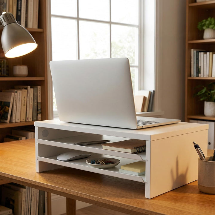 Fenge Monitorständer, Monitorerhöhung mit Ablage, Holz und Metall, Schreibtisch-Organizer für Zuhaus