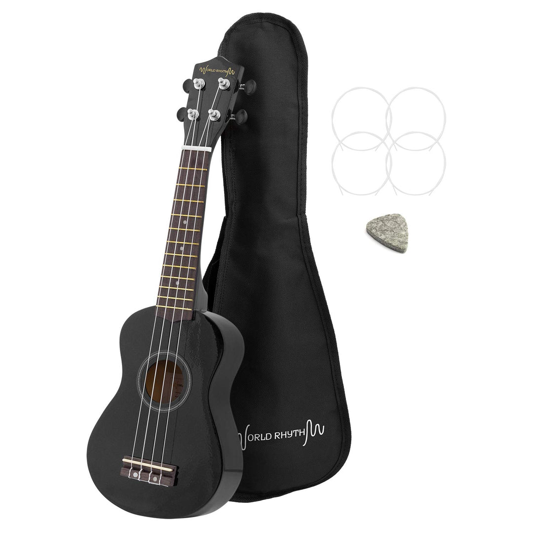 World Rhythm Sopran-Ukulele - Premium Einsteiger Sopran-Ukulele in Schwarz Finish mit Gigbag, Ersatz