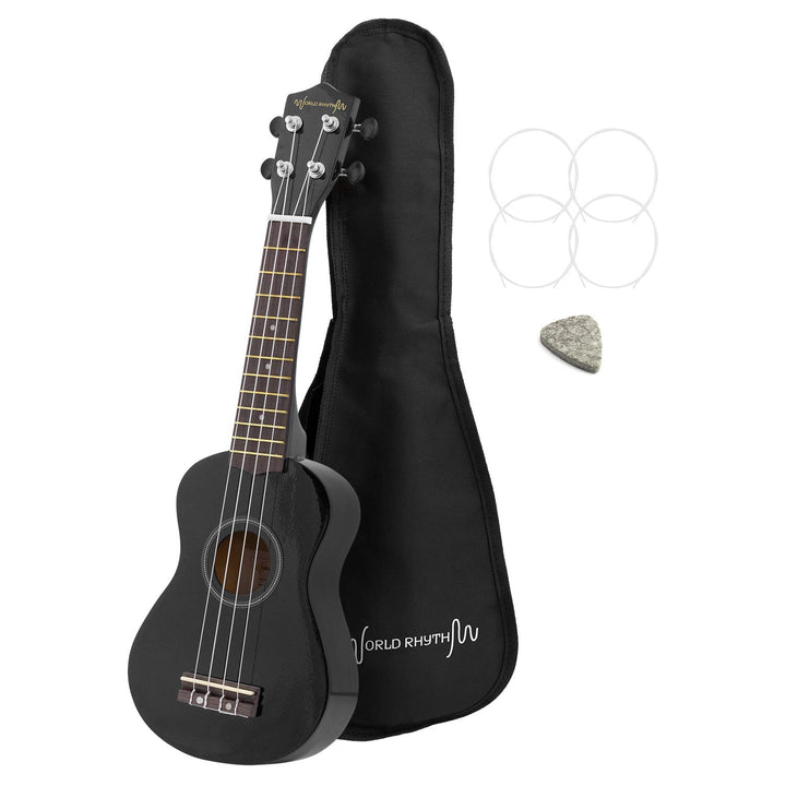 World Rhythm Sopran-Ukulele - Premium Einsteiger Sopran-Ukulele in Schwarz Finish mit Gigbag, Ersatz