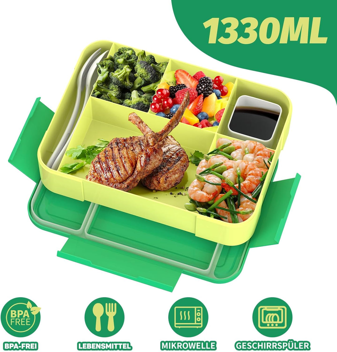 Brotdose Kinder mit Fächern 1300ml Lunchbox für Kinder, Auslaufsichere Bento Box mit 5 Fächern Beste