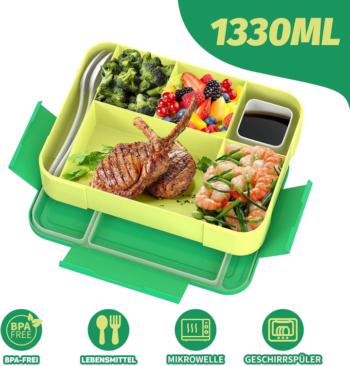 Brotdose Kinder mit Fächern 1300ml Lunchbox für Kinder, Auslaufsichere Bento Box mit 5 Fächern Beste