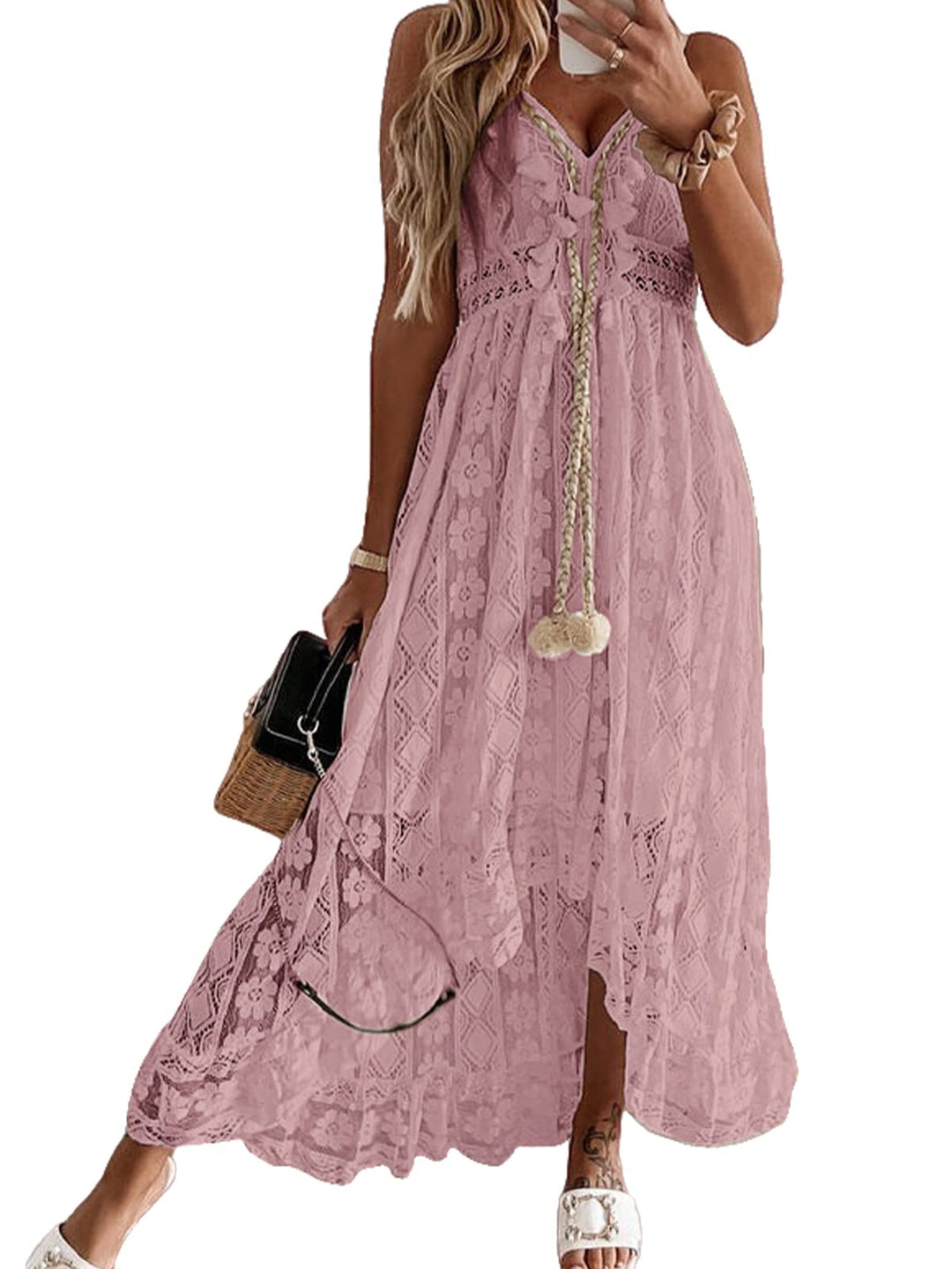 CUPSHE Damen Sommerkleid V Ausschnitt Floral Spitze Quasten Spaghetti Trägerkleid Freizeitkleider Hi