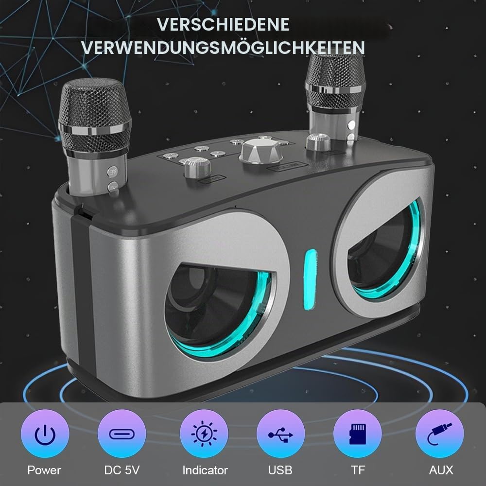 Karaoke Maschine mit 2 Mikrofonen, Tragbare Karaoke Anlage mit DJ-Lichtern für Partys zu Hause, im F