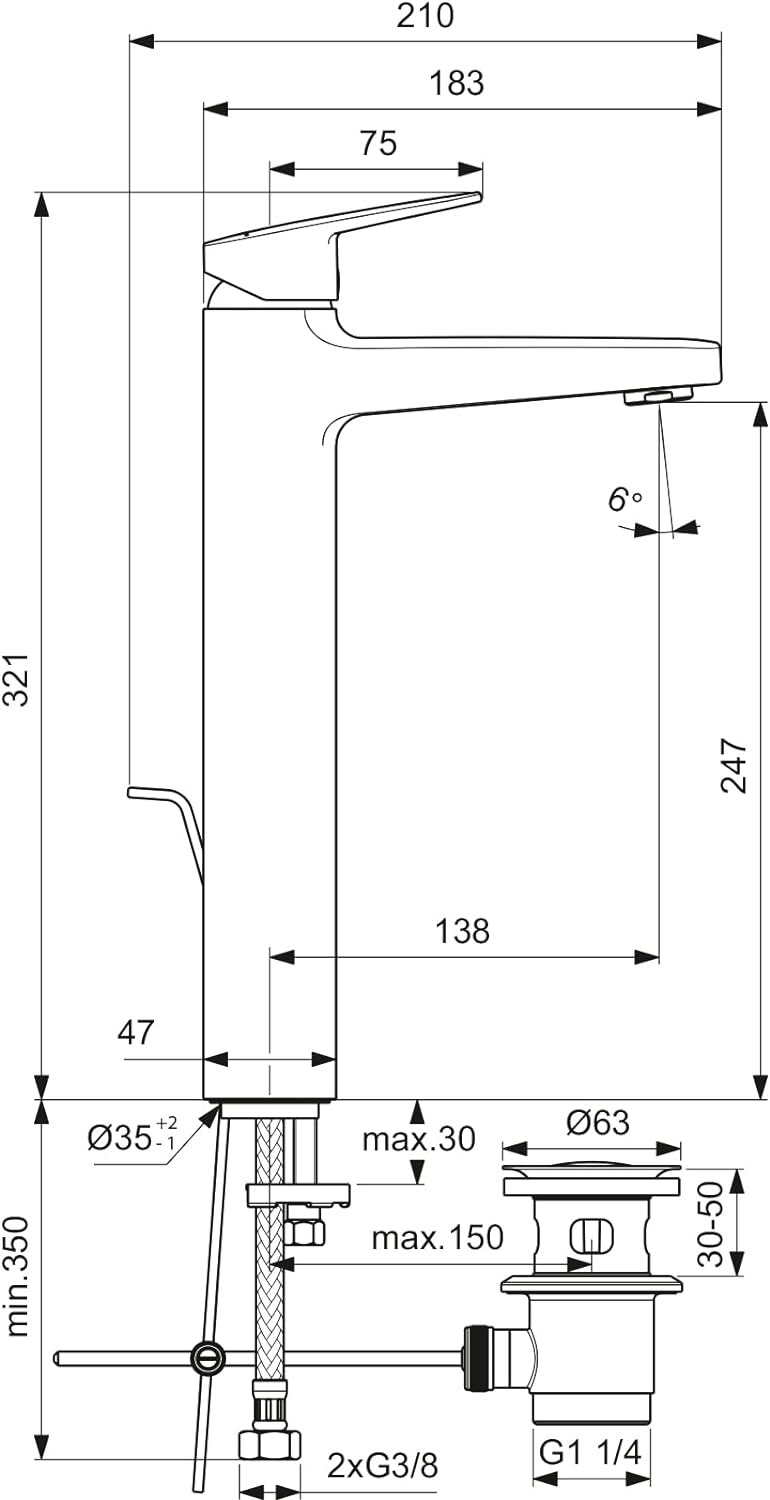 Ideal Standard BD238AA Ceraplan Waschtischarmatur mit Zugknopf-Ablaufgarnitur Auslaufhöhe 247mm mit