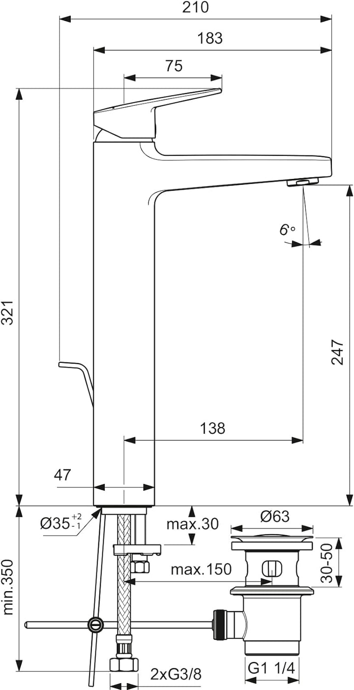 Ideal Standard BD238AA Ceraplan Waschtischarmatur mit Zugknopf-Ablaufgarnitur Auslaufhöhe 247mm mit