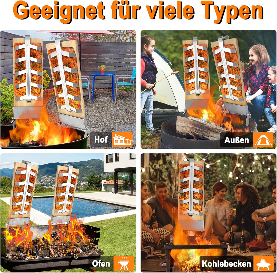 SUBTLETY Flammlachsbretter 2er Set Räucherbrett Flammlachsbrett mit Edelstahl-Halterung 5 Stufen Ein