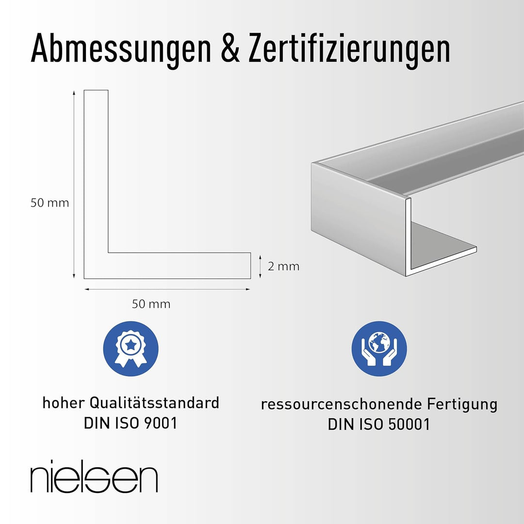 nielsen Aluminium Winkelprofil Silber matt eloxiert 2000x50x50 mm, Stärke: 2 mm, Länge: 200 cm, glei