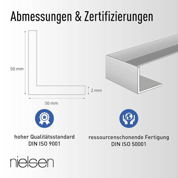 nielsen Aluminium Winkelprofil Silber matt eloxiert 2000x50x50 mm, Stärke: 2 mm, Länge: 200 cm, glei