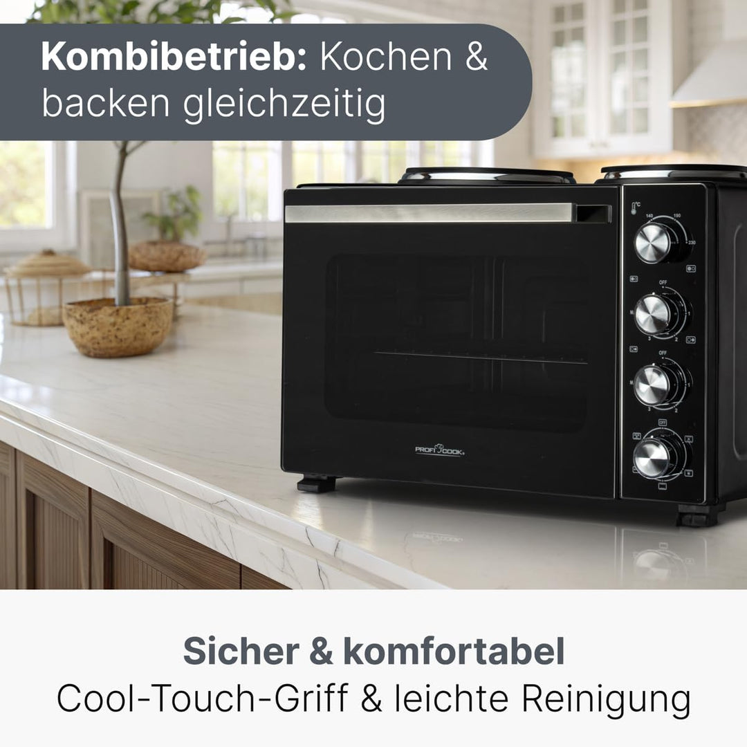 ProfiCook Minibackofen mit Kochplatten und Drehspiess | 32L | Umluft, Oberhitze, Unterhitze, Drehspi