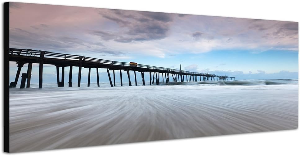 Paul Sinus Art Panoramabild auf Leinwand und Keilrahmen 150x50cm Strand Meer Wellen Sturm Steg Wolke