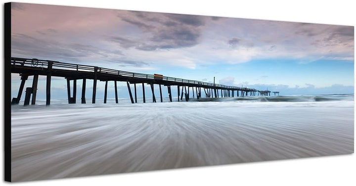 Paul Sinus Art Panoramabild auf Leinwand und Keilrahmen 150x50cm Strand Meer Wellen Sturm Steg Wolke