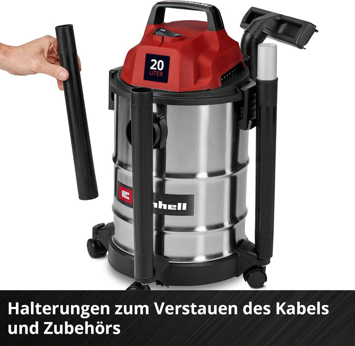 Einhell Nass-Trockensauger TC-VC 2045 S (900 W, 180 mbar Saugleistung, 20 L Edelstahlbehälter, Rolle