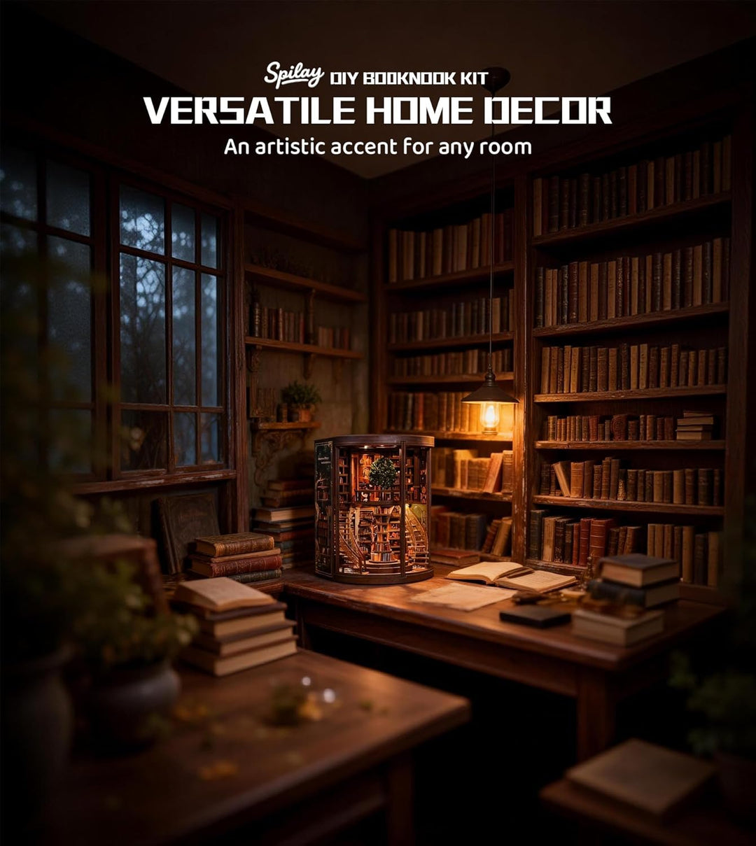 Spilay Book Nook, Runde Bibliothek DIY Miniature House | Mit LED, 3D-Puzzle, Bücherregal- & Schreibt