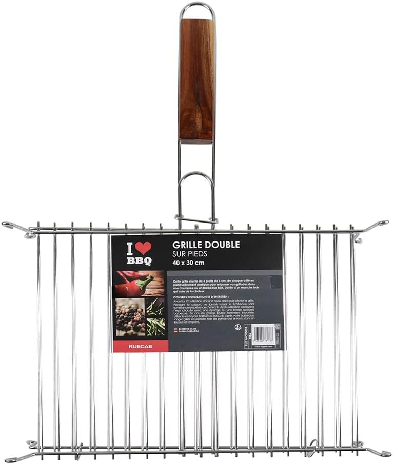 ruecab 1086 Grillguthalter Doppel auf Füsse Edelstahl Griff Holz silber 30x40cm Grillfläche