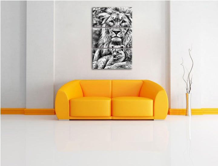 Pixxprint Löwe kuschelt mit Jungtier als Leinwandbild/Grösse: 3 Teilig (120x80) cm/Wandbild/Kunstdru
