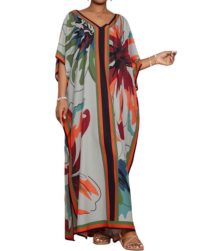 Bsubseach Damen Kaftan Kleider Batwing Sleeve Strandkleid V-Ausschnitt Caftan Maxi Kleid Sommer Blau