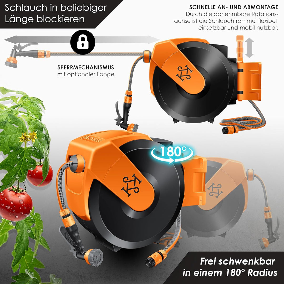 KESSER® Schlauchtrommel mit Gartenschlauch 15m | Wasserschlauchtrommel zur Wandmontage | Wandhalteru