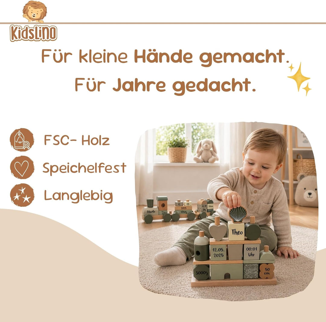 Personalisiertes Holz Steckspiel Haus Olivgrün – Baby Geschenk zur Geburt für Jungen & Mädchen – mit