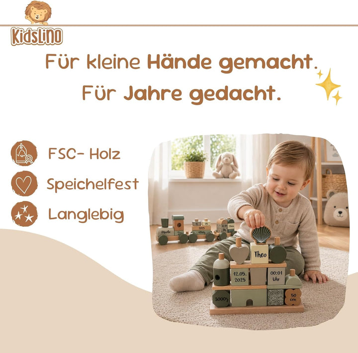 Personalisiertes Holz Steckspiel Haus Olivgrün – Baby Geschenk zur Geburt für Jungen & Mädchen – mit