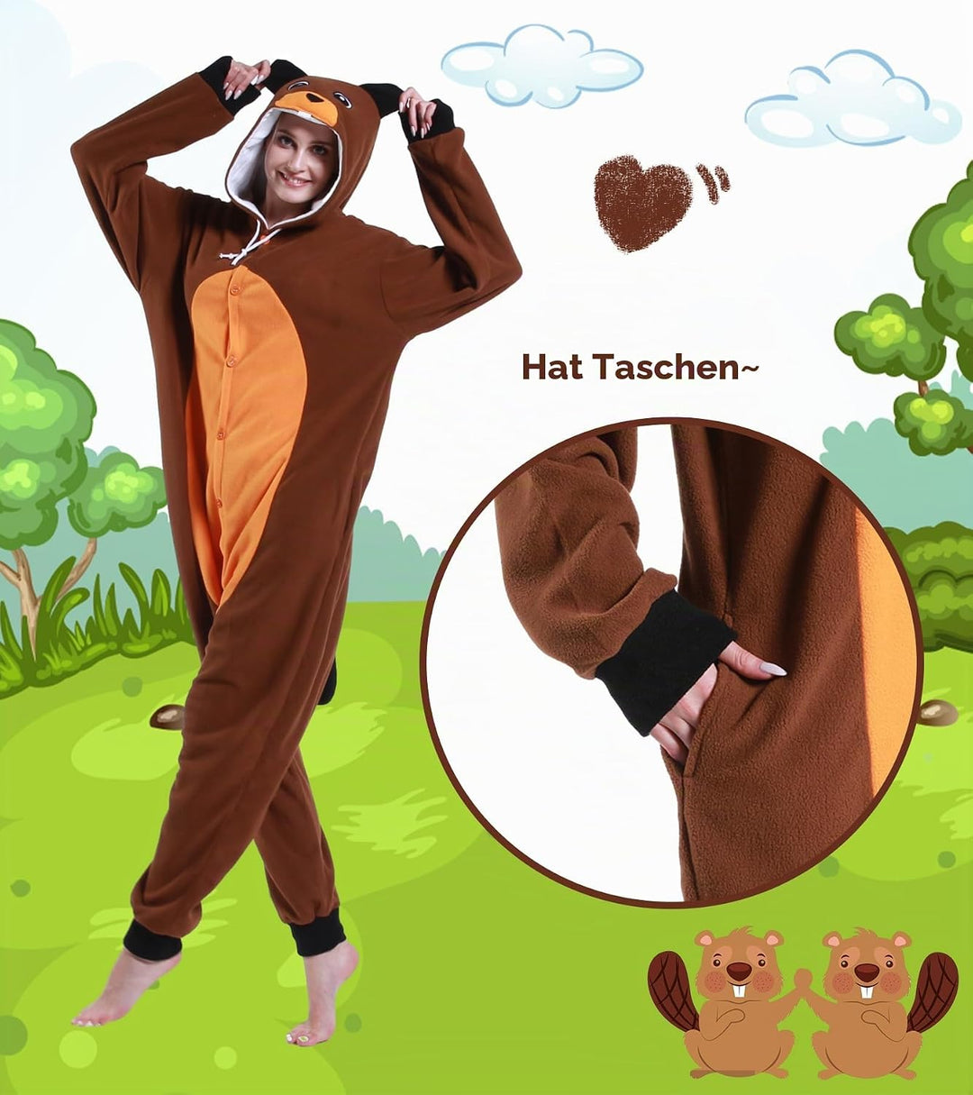 Guturris Biber Kostüm Pyjamas Tier Nachtwäsche Halloween Cosplay Kostüme Schlafanzug für Damen Herre