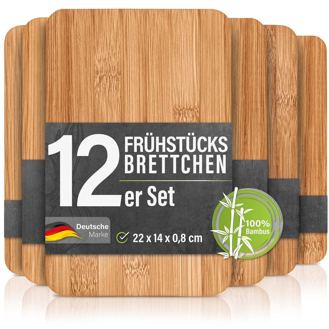 12er-Set Frühstücksbrettchen aus Bambus Holz - 22x14x0,8cm Holzbrettchen Set Brettchen Frühstücksbre