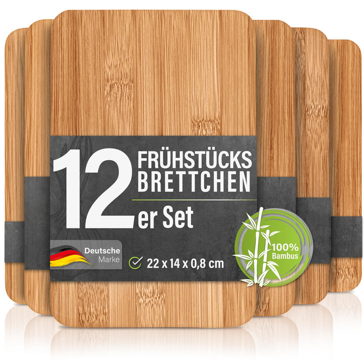 12er-Set Frühstücksbrettchen aus Bambus Holz - 22x14x0,8cm Holzbrettchen Set Brettchen Frühstücksbre