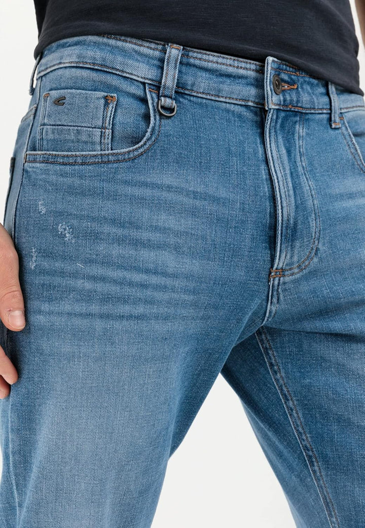 camel active Herren Tapered Fit Destroyed Jeans mit Smartphone Tasche 31W / 32L Denim Blau, 31W / 32
