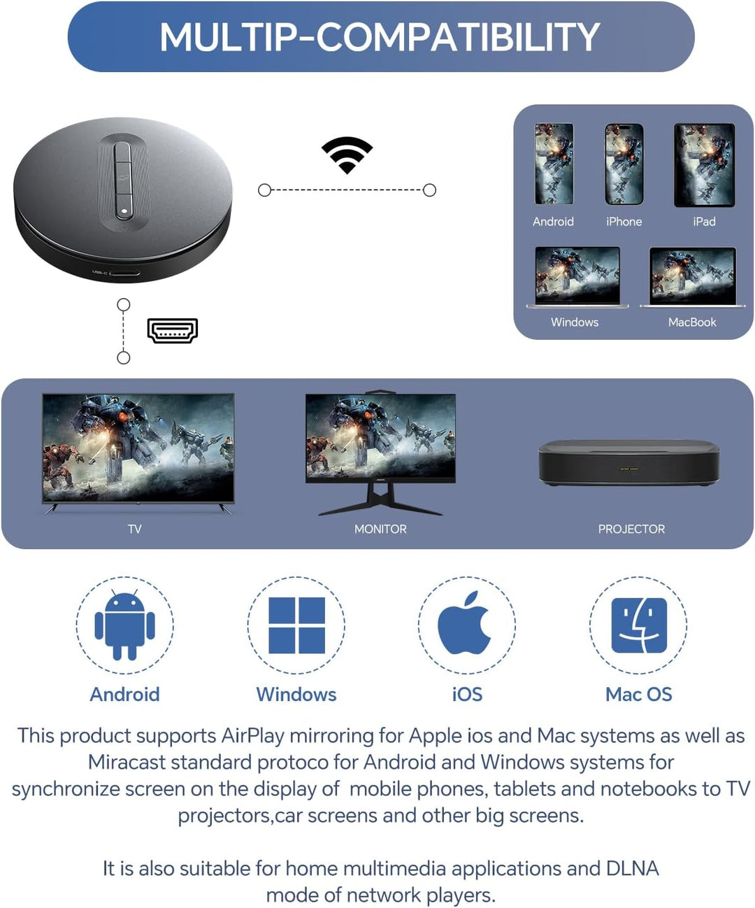 Miracast Dongle DLNA AirPlay HDMI Display Adapter Wireless Plug & Play Streaming Video und Audio von