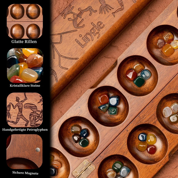 Luxus-Mancala-Set: Echtholz-Scharnierbrett mit 48 gemischten natürlichen Edelsteinen - Authentische