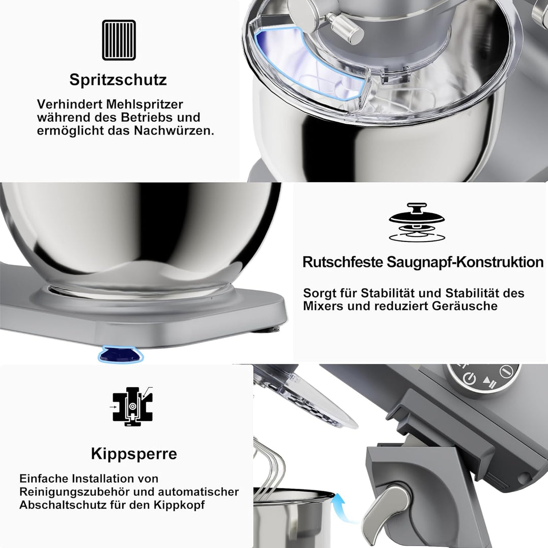 Camic Küchenmaschine 1800W, Knetmaschine aus Vollmetall mit 10 Stufen, digitaler Touchscreen, Timer,
