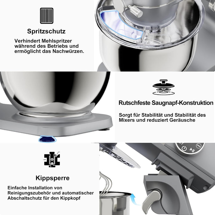 Camic Küchenmaschine 1800W, 8L Knetmaschine aus Vollmetall mit 10 Stufen, digitaler Touchscreen, Tim