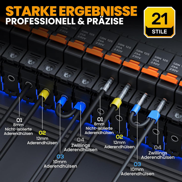 SOMELINE® Sechskant Crimpzange Set, mit 21 Arten Aderendhülsen, [0,25-6mm²] Sechskant Aderendhülsenz
