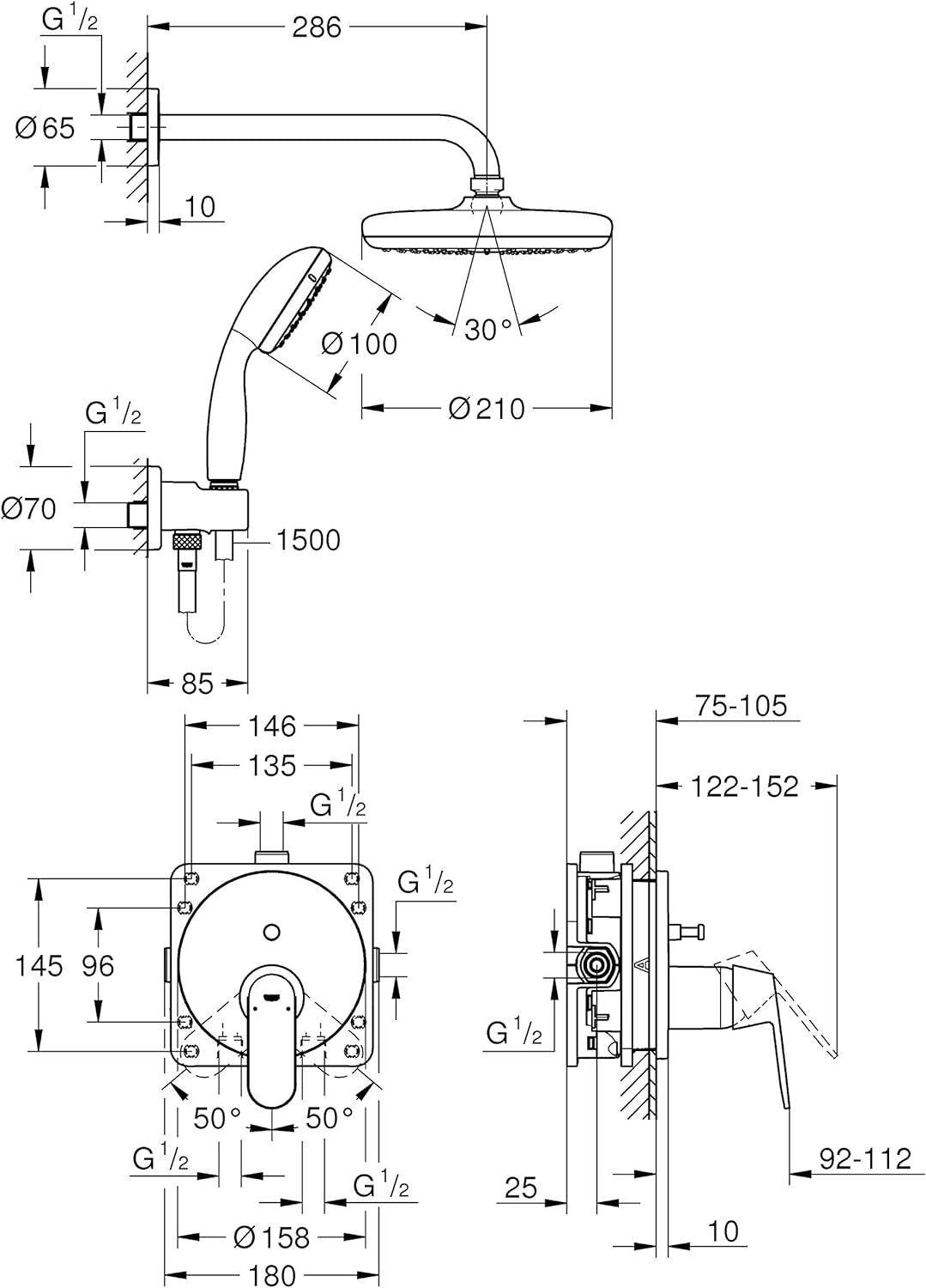 GROHE Eurosmart Cosmopolitan - Duschsystem Unterputz mit Tempesta 210 (wassersparend, 2 Strahlarten,