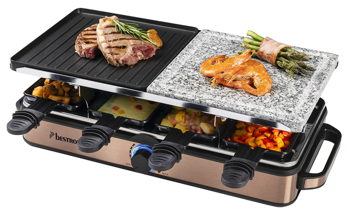 Bestron 2-in-1 Raclette-Partygrill: elektrisches Raclette für bis zu 8 Personen, kratzfester Naturgr