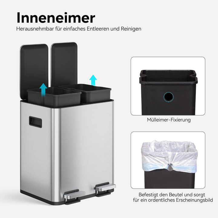 WLIVE Mülleimer Küche 30L, Mülltrennsystem mit 2 x 15L Fächern, Doppel Abfalleimer mit Treteimer, Ed