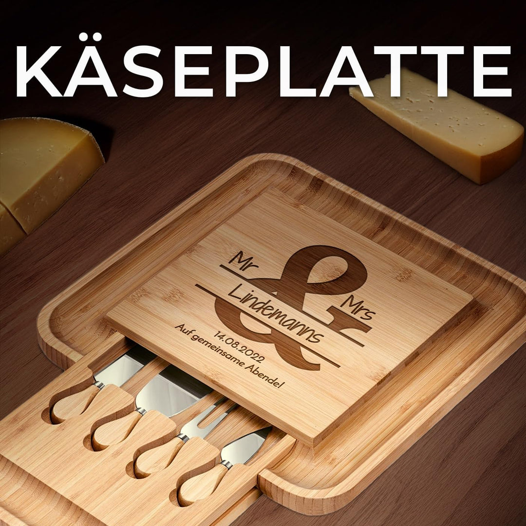 Maverton Käsebrett Servierplatte mit Gravur + 4er Käsemesser Set - aus Holz - 34x34cm - Geschenke fü