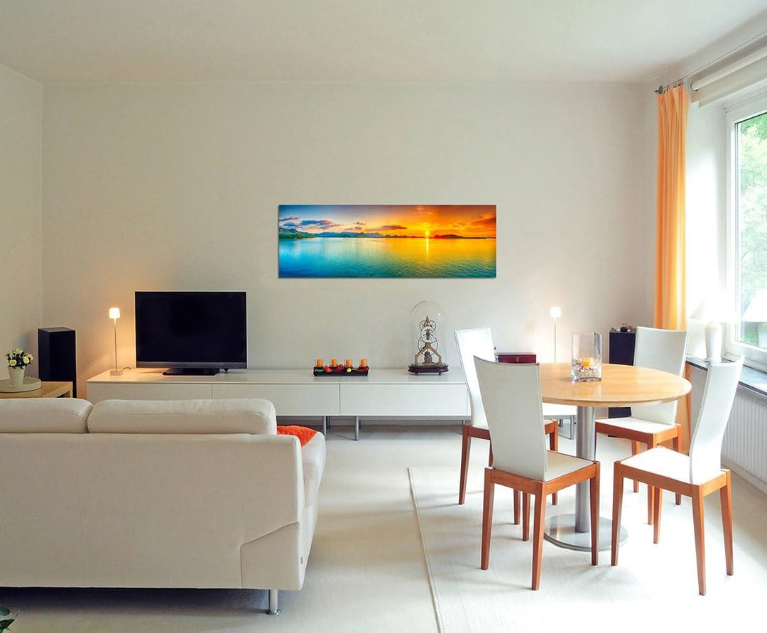 Paul Sinus Art Panoramabild auf Leinwand und Keilrahmen 120x40cm Meer Hügel Sonnenaufgang Wolkenschl