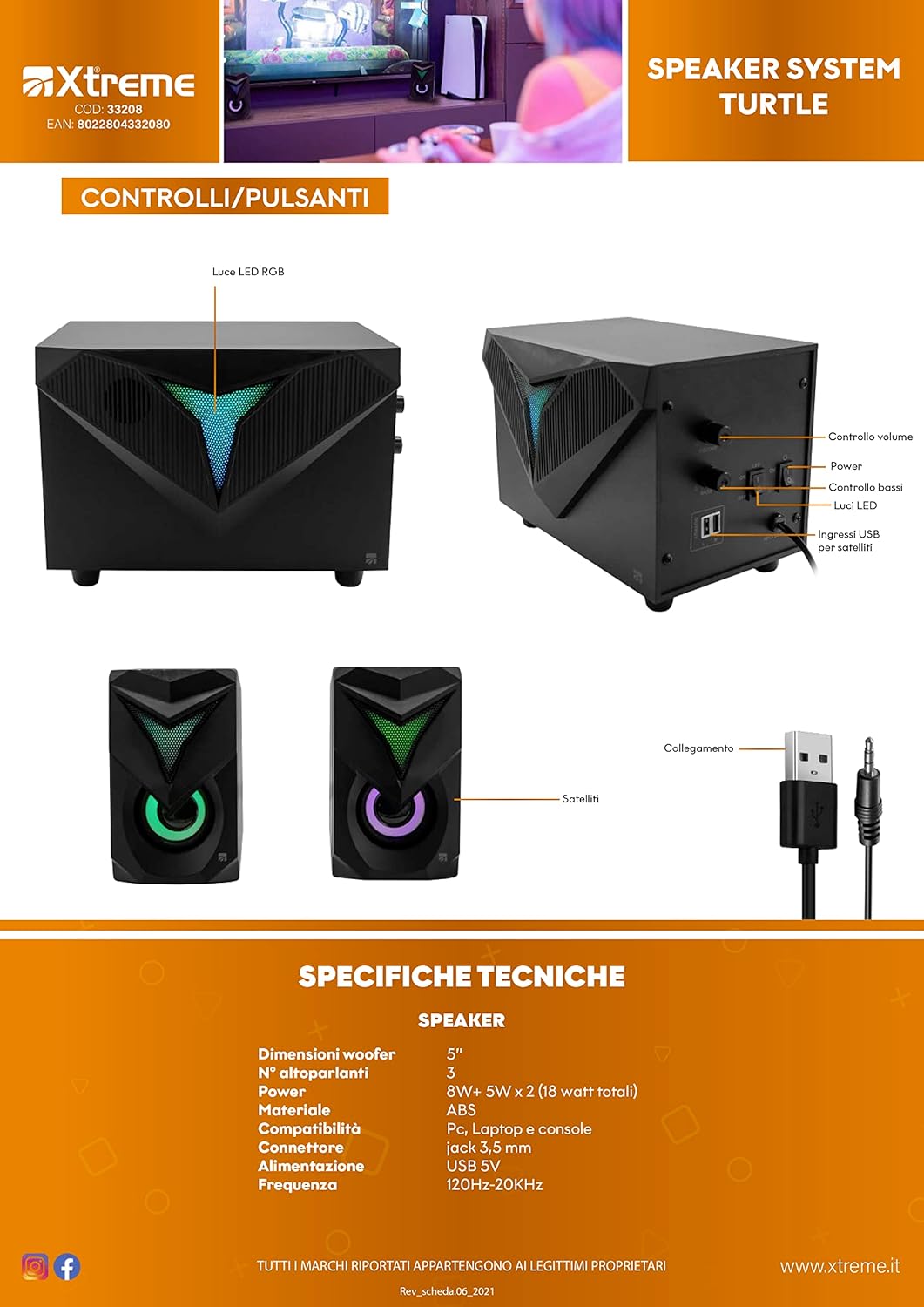 Xtreme PC-Lautsprecher 2.1 mit USB-Subwoofer Turtle Speakers mit LED 33208