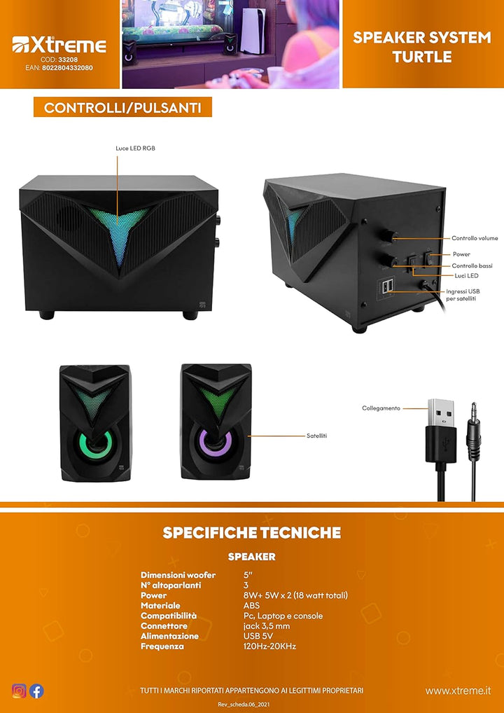 Xtreme PC-Lautsprecher 2.1 mit USB-Subwoofer Turtle Speakers mit LED 33208