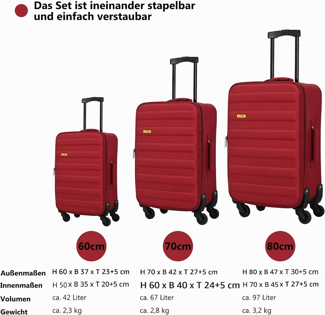 SIGN Stoffkoffer Reisekoffer Trolley (Handgepäck-Mittel-Gross-Set) + 5cm Dehnungsfuge (Weinrot, Hand