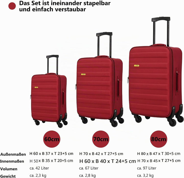 SIGN Stoffkoffer Reisekoffer Trolley (Handgepäck-Mittel-Gross-Set) + 5cm Dehnungsfuge (Weinrot, Hand