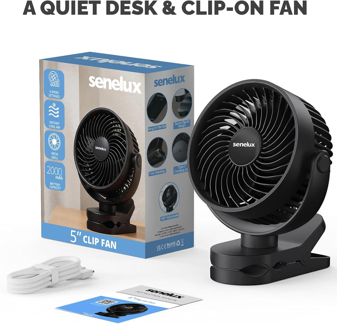 Senelux 12,7 cm Clip-On-Ventilator, wiederaufladbarer tragbarer Schreibtischventilator mit 4 Geschwi