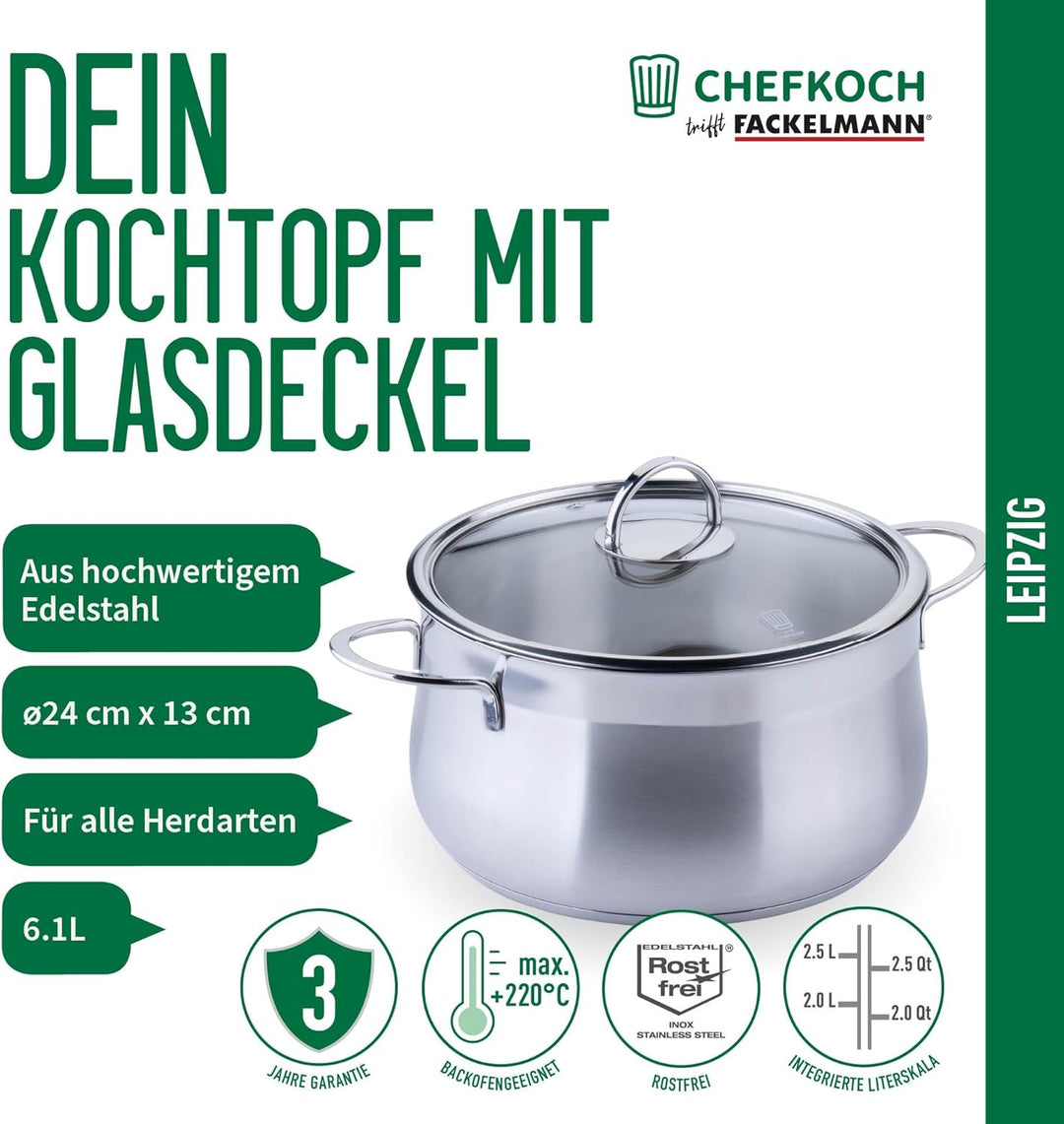 FACKELMANN Chefkoch trifft Kochtopf mit Glasdeckel – ø24cm Edelstahl 18/8, Aluminium-Kern, für alle
