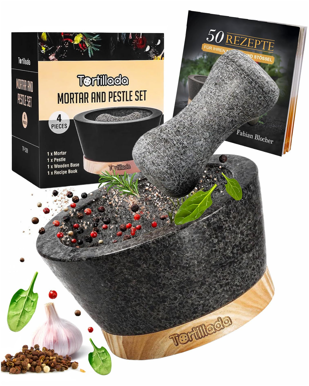 Tortillada - 16 cm XXL Mörser mit Stössel Holz Set gross aus Naturgranit mit kratzfestem Holzsockel